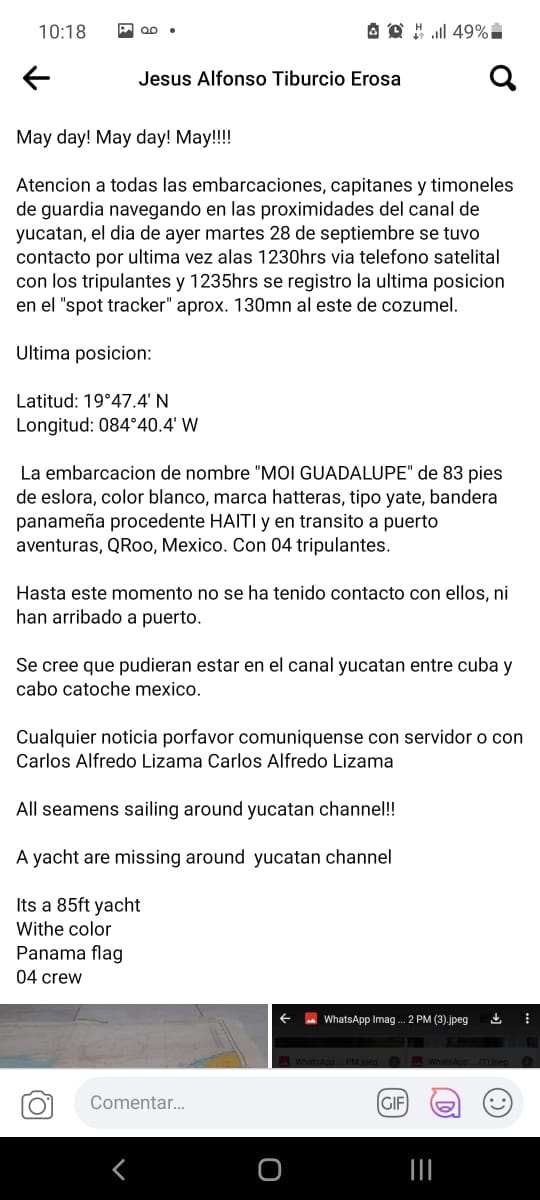 La embarcación M.O.I. Guadalupe regresaba a la Riviera May: está por cumplir dos noches sin contacto desde que ingresó al Canal de Yucatán.