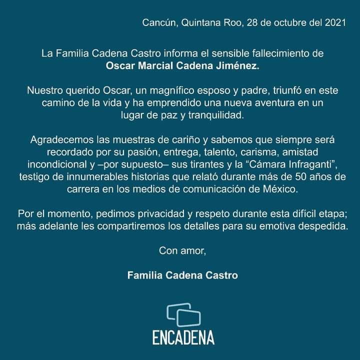 Por medio de un comunicado, la familia de Oscar Cadena dio a conocer el lamentable deceso del conductor de televisión.